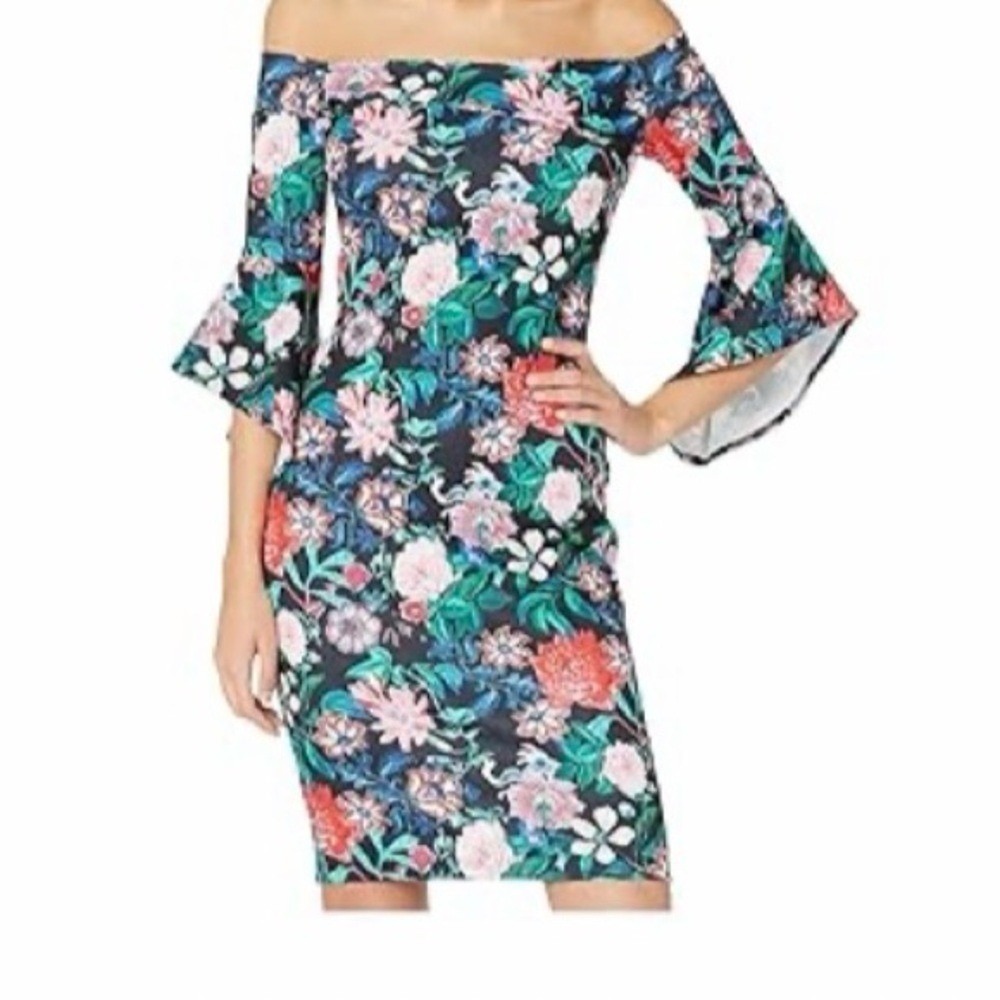 Bebe Floral Off The Shoulder Bell Sleeve Sheath Dress Black Pink Green Size 10